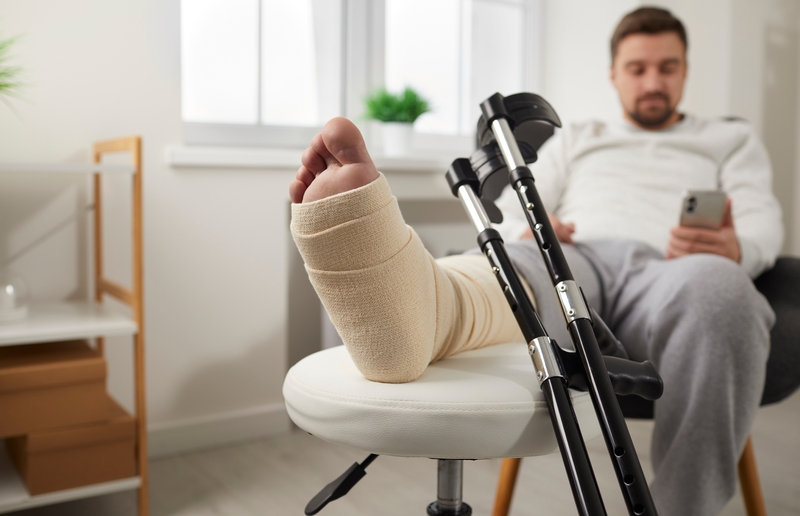 Fokus på gipset fot og krykker, mens vi ser uklart i bakgrunnen mannen som har den skadete foten