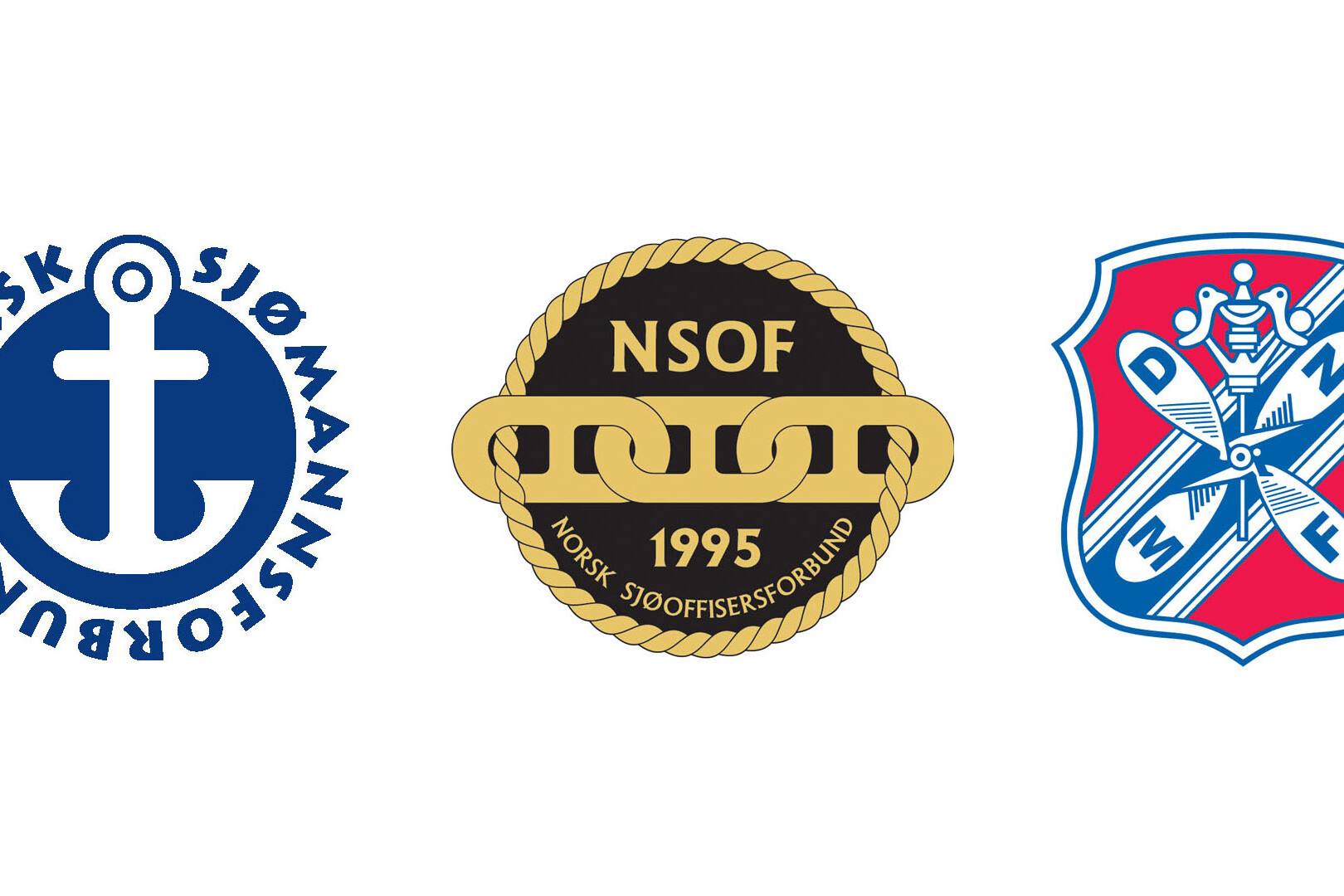 Tre logoer p&aring; rad: Norsk Sj&oslash;mannsforbund, Norsk Sj&oslash;offisersforbund og Det norske maskinistforbund