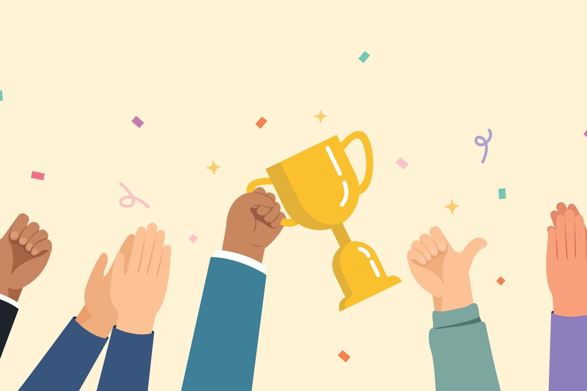 Grafikk av hender som kaster opp konfetti mens en hand holder opp en pokal