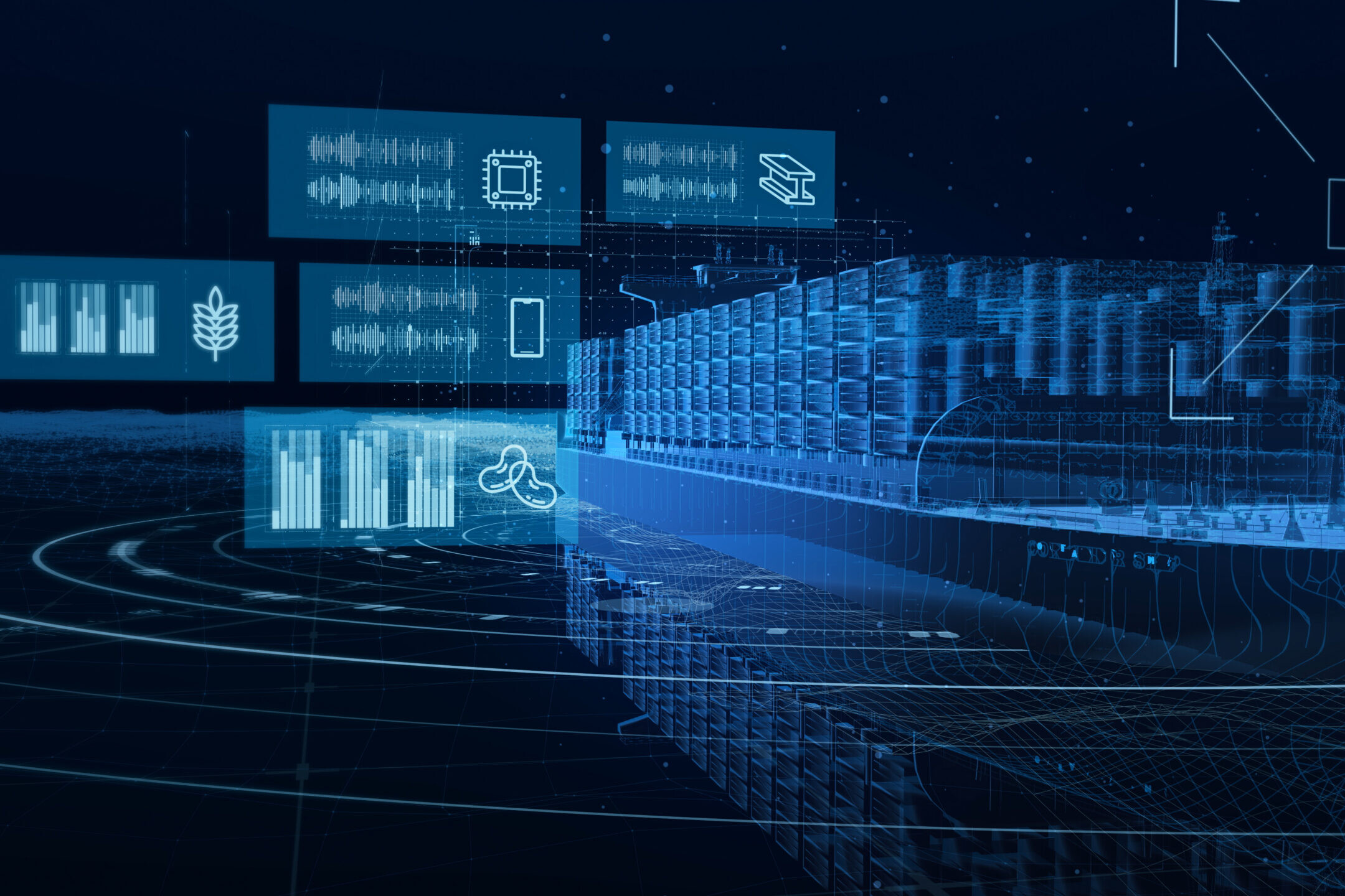 3D-konsept av containerskip p&aring; m&oslash;rk bakgrunn og med grafer av ulike slag