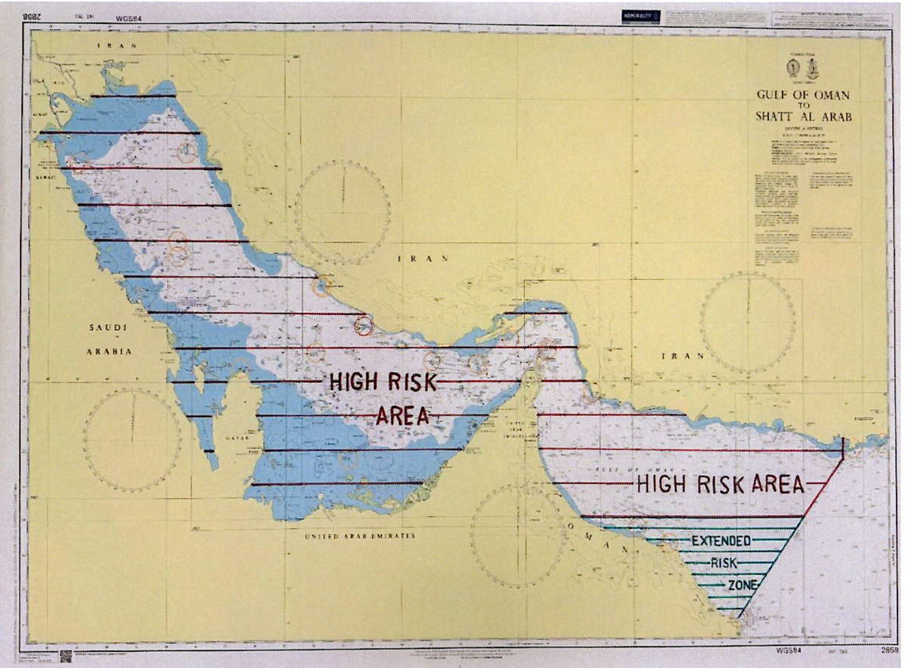 Kart over høyrisikoområde (High Risk Area) og utvida risikoområde (Extended Risk Zone) i protokollen av 3. mars 2026 med Rederiforbundet