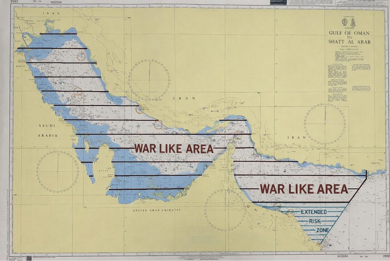 Kart over krigslignende område (War Line Area) og utvida risikoområde (Extended Risk Zone) i protokollen av 23. mars 2026 med Rederiforbundet