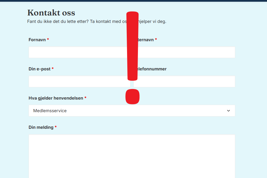 Web-skjemaet for henvendelser med et stort utropstegn over