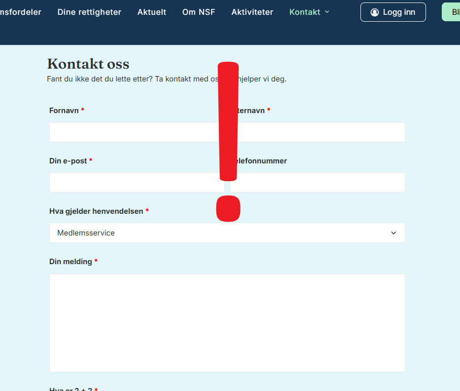 Web-skjemaet for henvendelser med et stort utropstegn over
